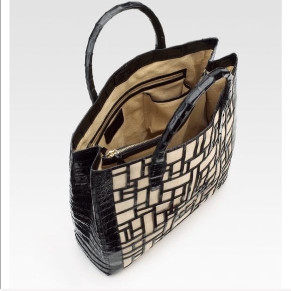 Nancy Gonzalez Black Crocodile and Linen Magazine Tote w/ detachable strap NWT - Picture 5 of 7